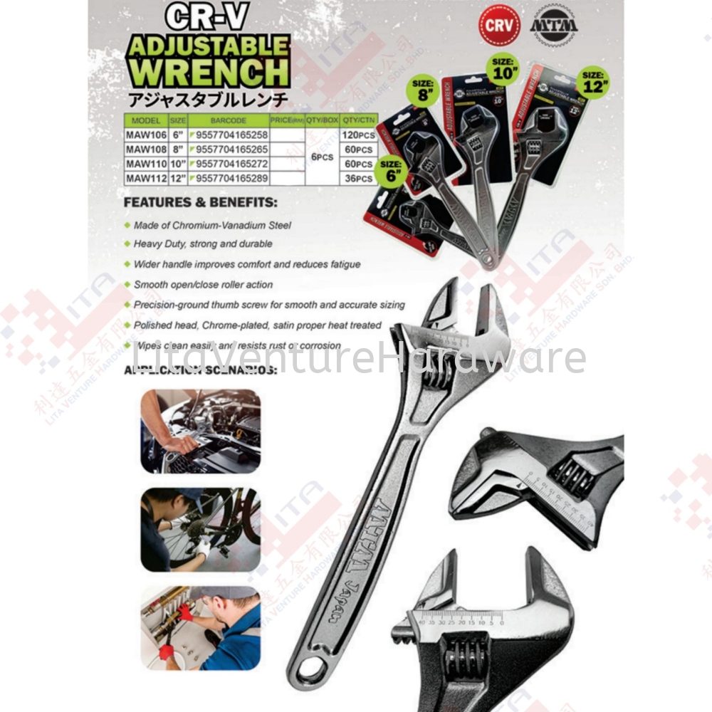 MTM BRAND CRV ADJUSTABLE WRENCH - MAW106 MAW108 MAW110 MAW112