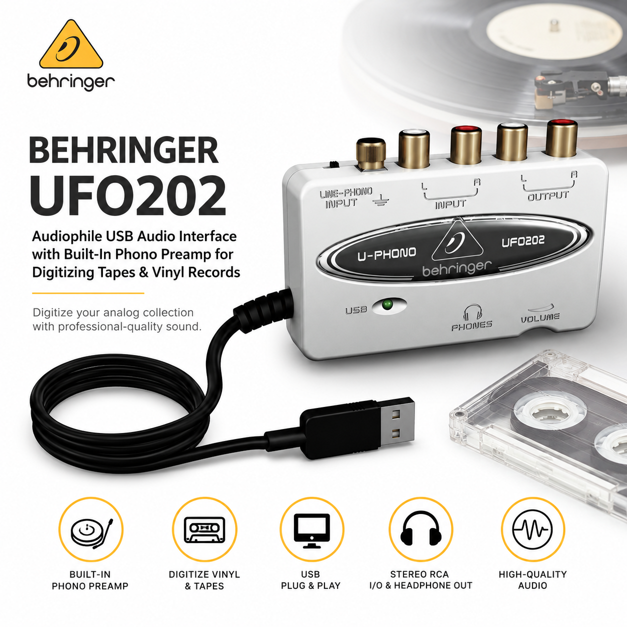 Behringer UFO202 – 发烧级USB音频接口，内置唱机前置放大器，用于磁带与黑胶唱片数字化