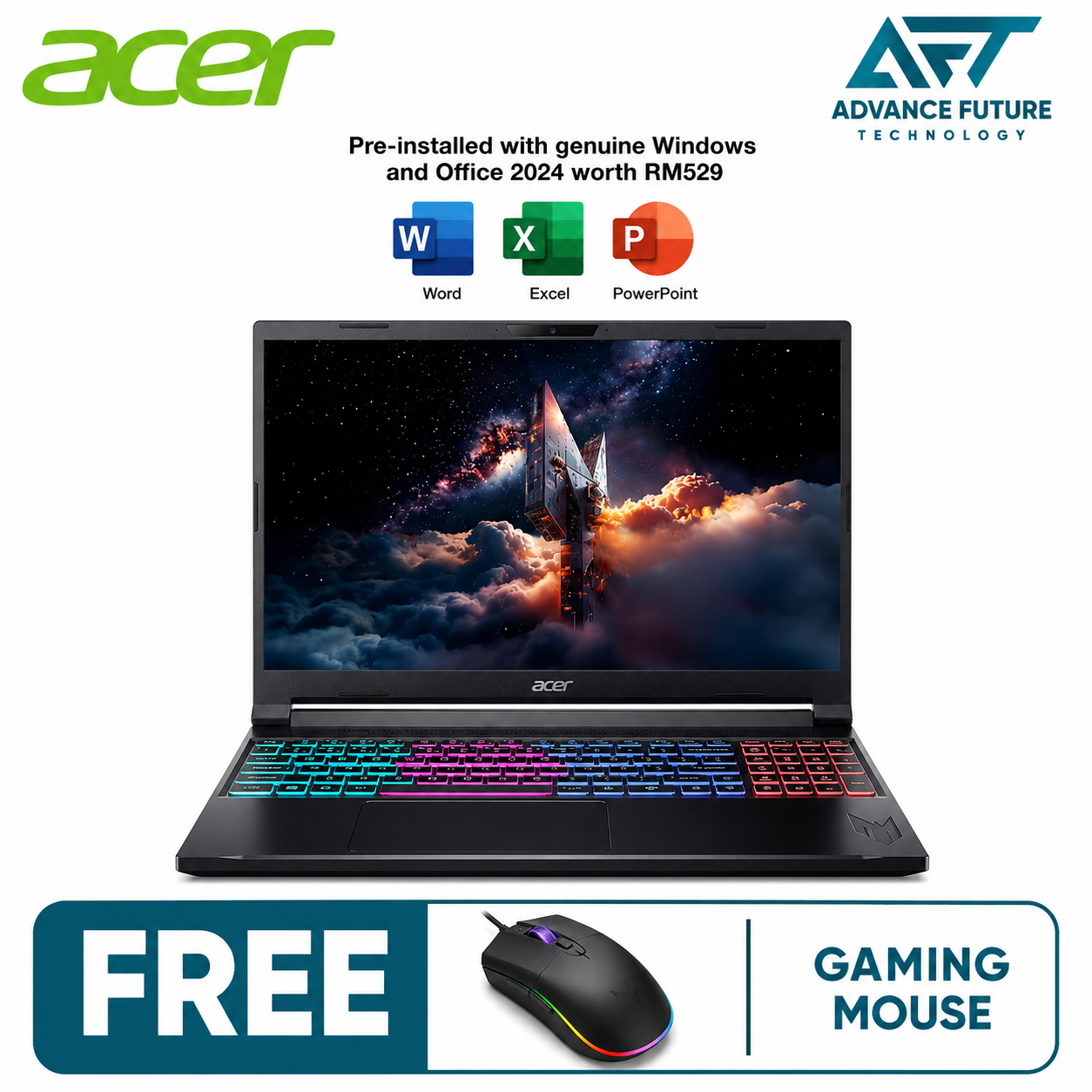 Acer Nitro V16S AI ANV16S-41-R8T2 16" WUXGA 180Hz Gaming Laptop Black ( AMD Ryzen 5 240, 16GB, 512GB SSD, RTX5050, W11, H&S 2024&M365 )