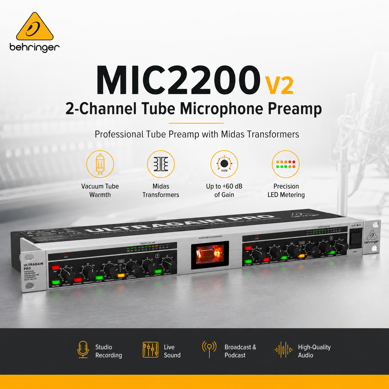 Behringer MIC2200 V2 2-Channel Tube Microphone Preamp with Midas Transformers | Professional Studio Mic Preamp