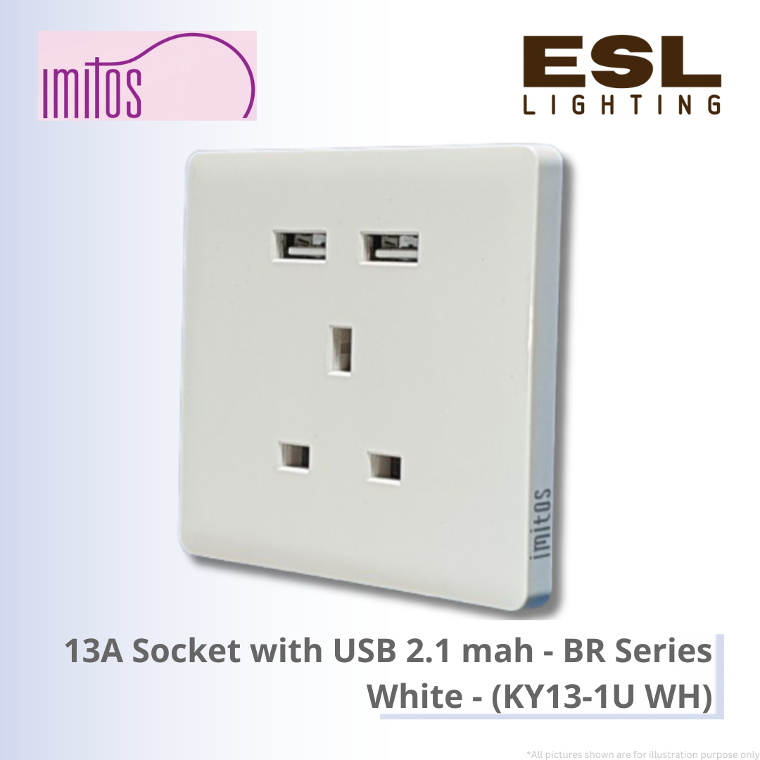 IMITOS 13A Socket with USB 2.1 mah (BR Series) White - KY13-1U WH