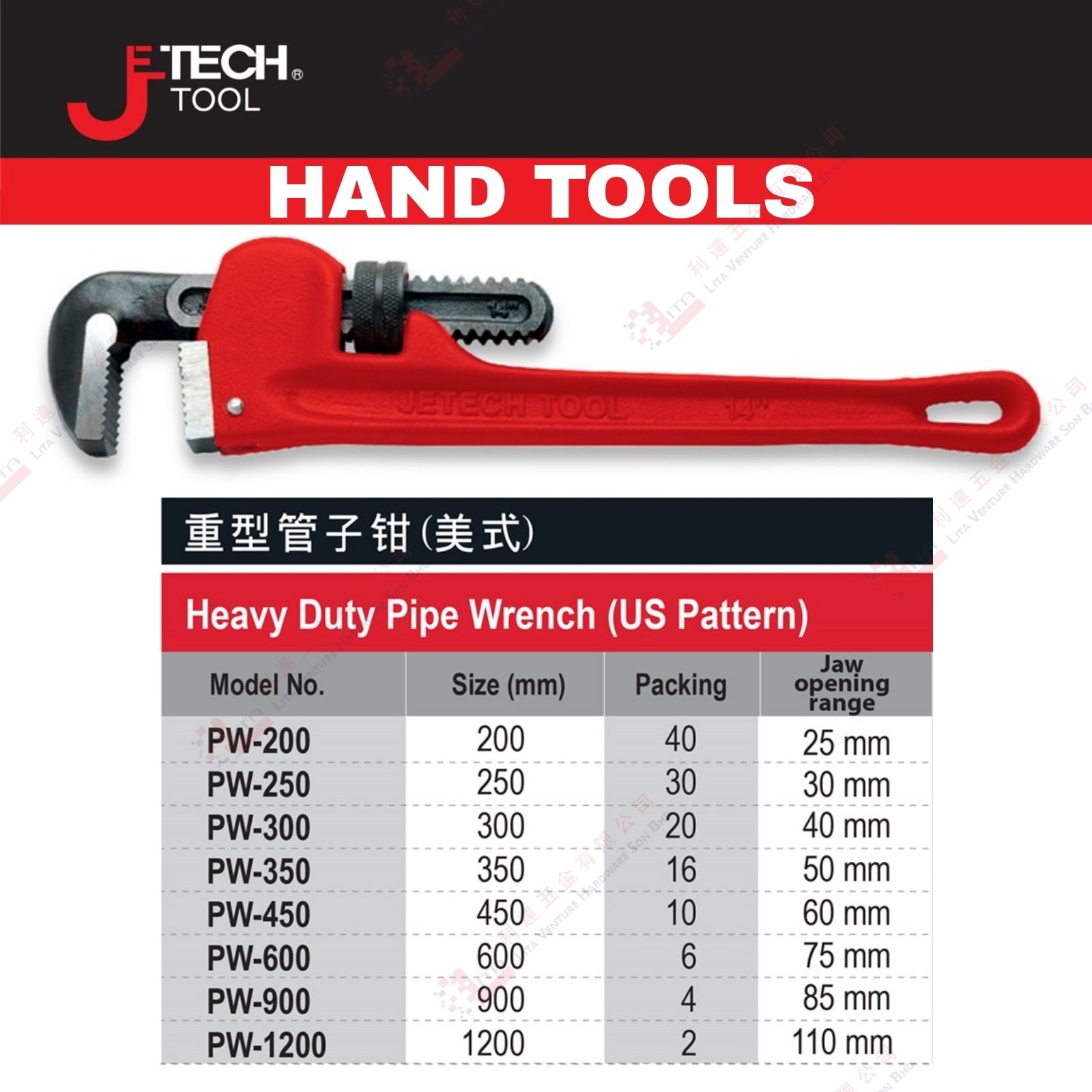 JE TECH BRAND HEAVY DUTY PIPE WRENCH - PW200 PW250 PW300 PW350 PW450 PW600 PW900 PW1200