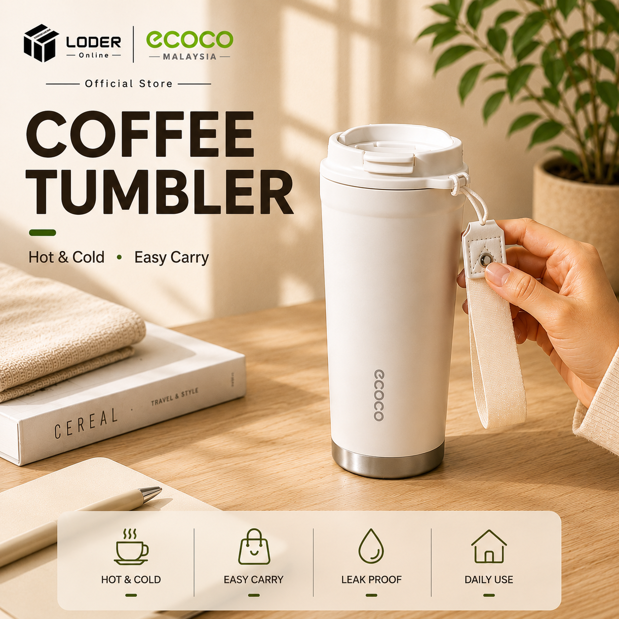 LODER ECOCO Stainless Steel Coffee Tumbler 316 Insulated Travel Mug Leakproof Vacuum Flask with Handle
