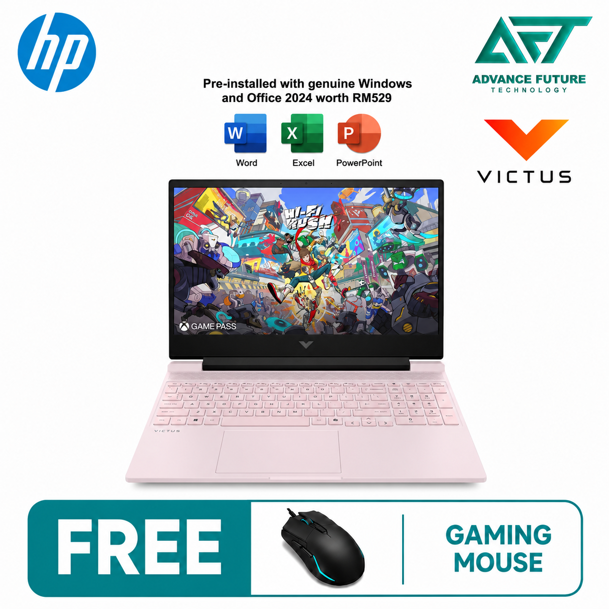 HP Victus 15-fa2547TX 15.6" FHD 144Hz Gaming Laptop Powder Pink ( Intel Core i5 13420H, 16GB, 512GB SSD, RTX3050, W11, H&S 2024&M365 )