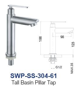 SWP-SS-304-61 Tall Basin Pillar Tap - SUS304