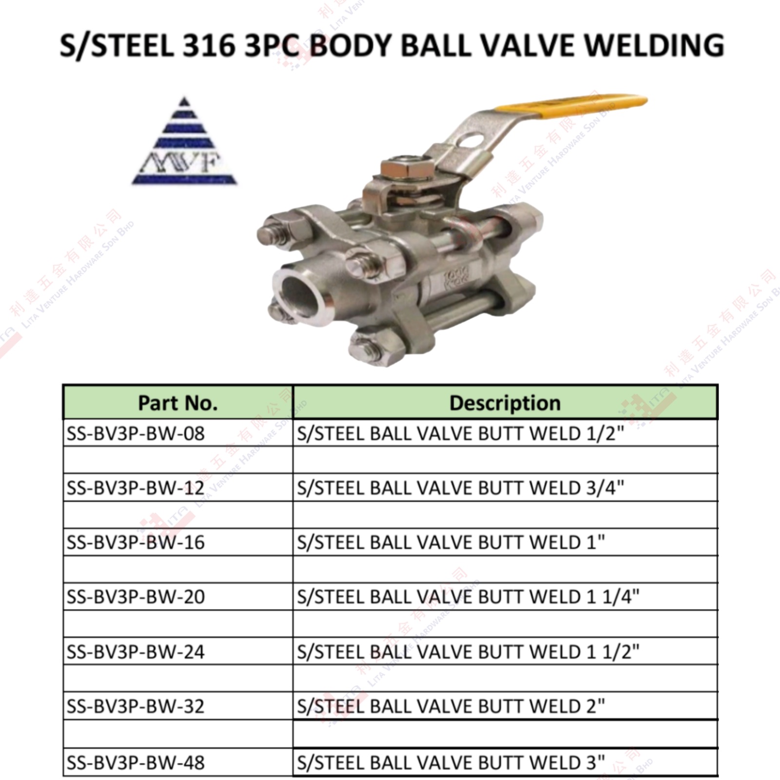 STAINLESS STEEL 316 3PC BODY BALL VALVE WELDING - SSBV3PBW08 SSBV3PBW12 SSBV3PBW16 SSBV3PBW20 SSBV3PBW24 SSBV3PBW32 SSBV3PBW48