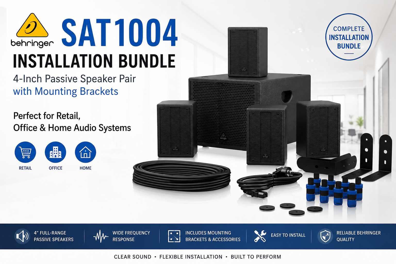 Behringer SAT1004 安装套装 – 4英寸被动音箱对装，含安装支架，适用于商店、办公室与家庭音响系统