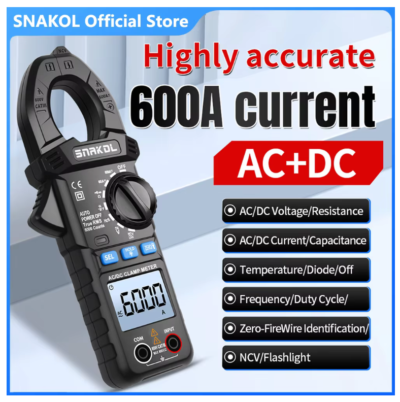 SNAKOL AC DC Current Clamp Meter 600A Digital Ammeter Pliers True RMS Multimeter Professional Electrical Multitester Tool
