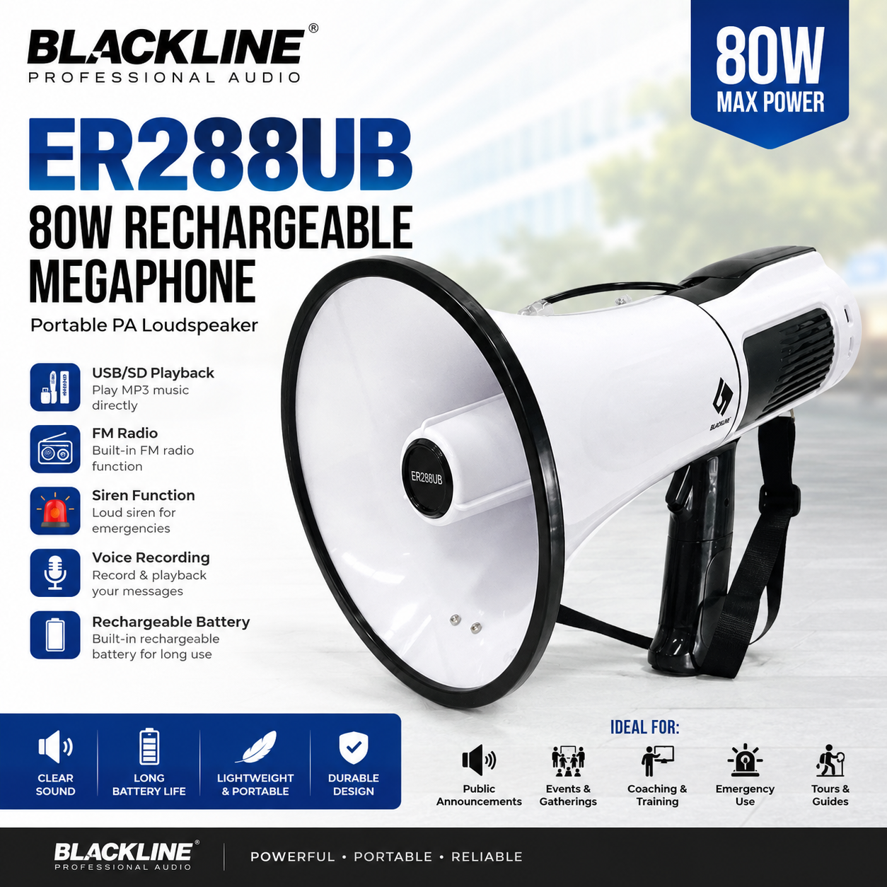 BLACKLINE ER288UB 80W Rechargeable Megaphone with USB/SD/FM, Siren & Recording – Portable PA Loudspeaker