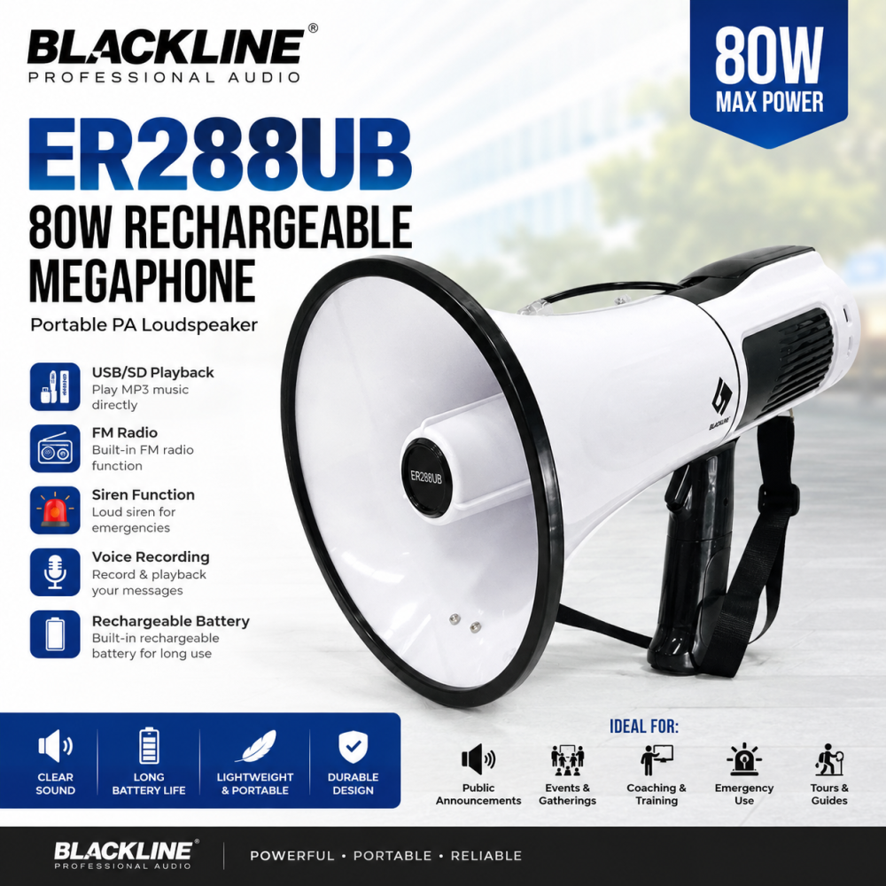 BLACKLINE ER288UB 80W Rechargeable Megaphone with USB/SD/FM, Siren & Recording – Portable PA Loudspeaker