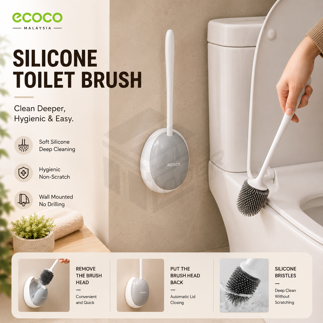 LODER ECOCO Silicone Toilet Brush Wall Mounted Soft Bristle Bathroom Cleaning Brush Quick Dry Holder