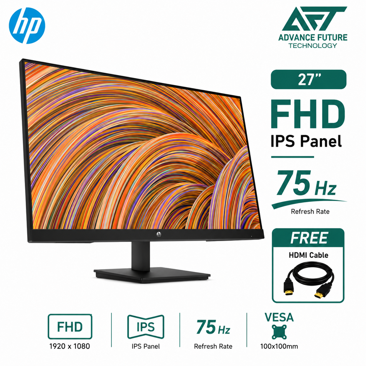 HP V27i G5 27'' FHD IPS 75Hz Flat Monitor ( HDMI, DP, VGA, 3 Years Warranty )