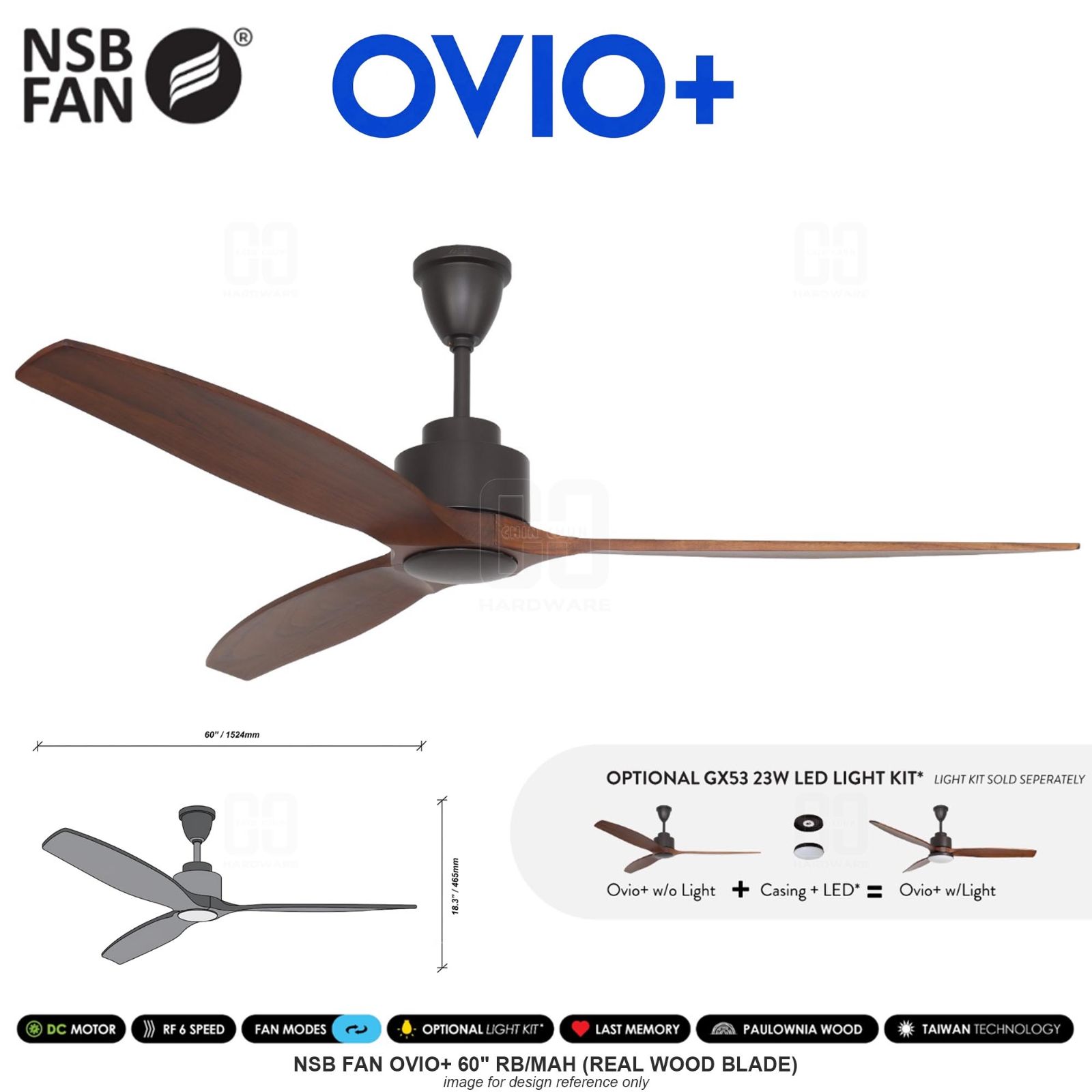 NSB FAN OVIO+ 60" RB/MAH REAL WOOD BLADE