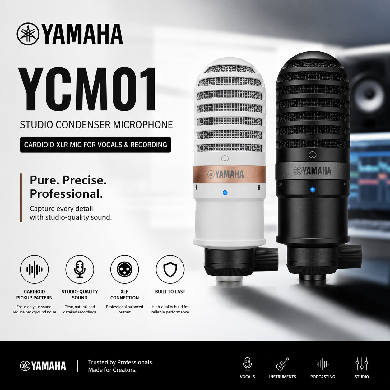 雅马哈 YCM01 录音室电容麦克风 – 心形指向 XLR 人声录音话筒