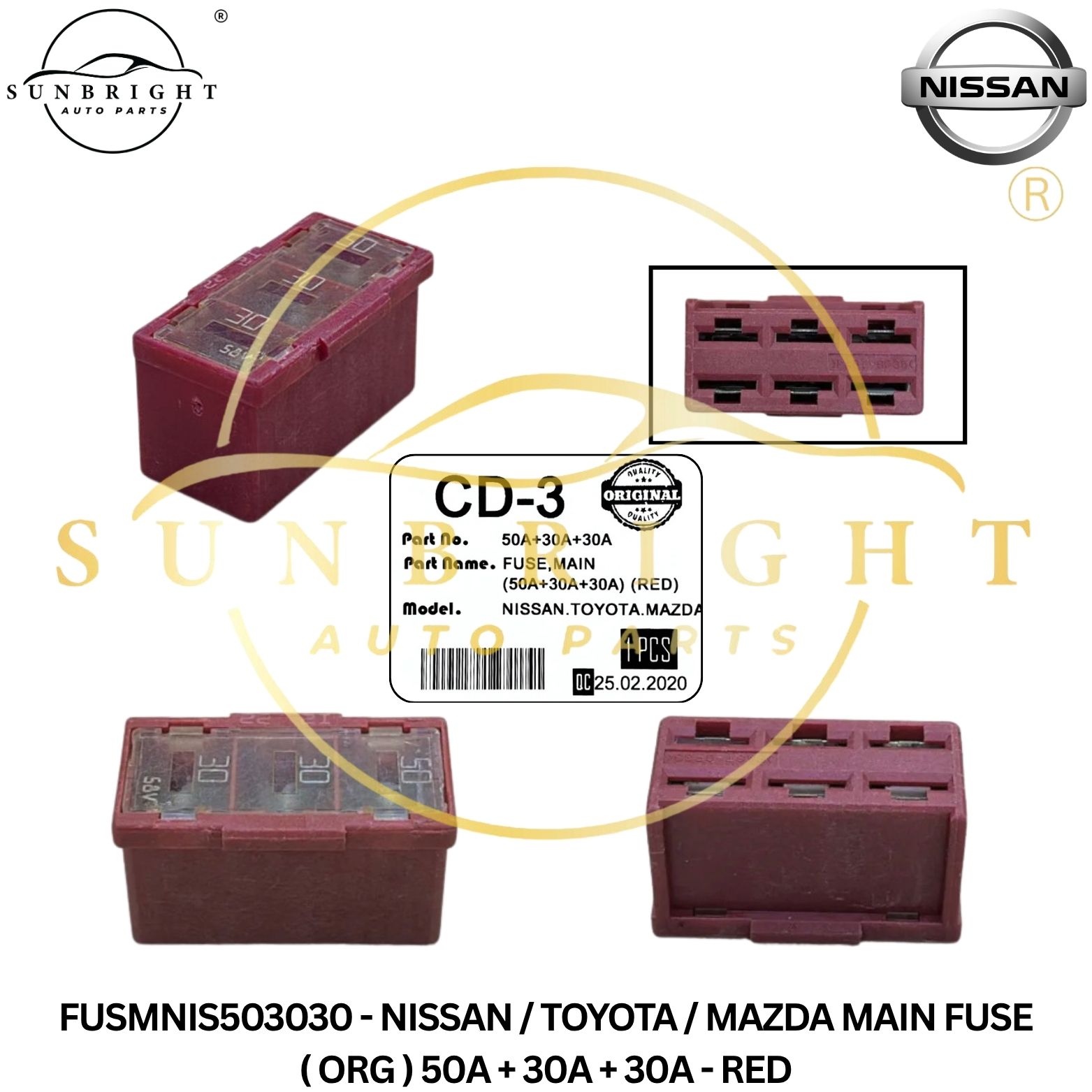 FUSMNIS503030 - NISSAN / TOYOTA / MAZDA MAIN FUSE ( ORG ) 50A + 30A + 30A - RED