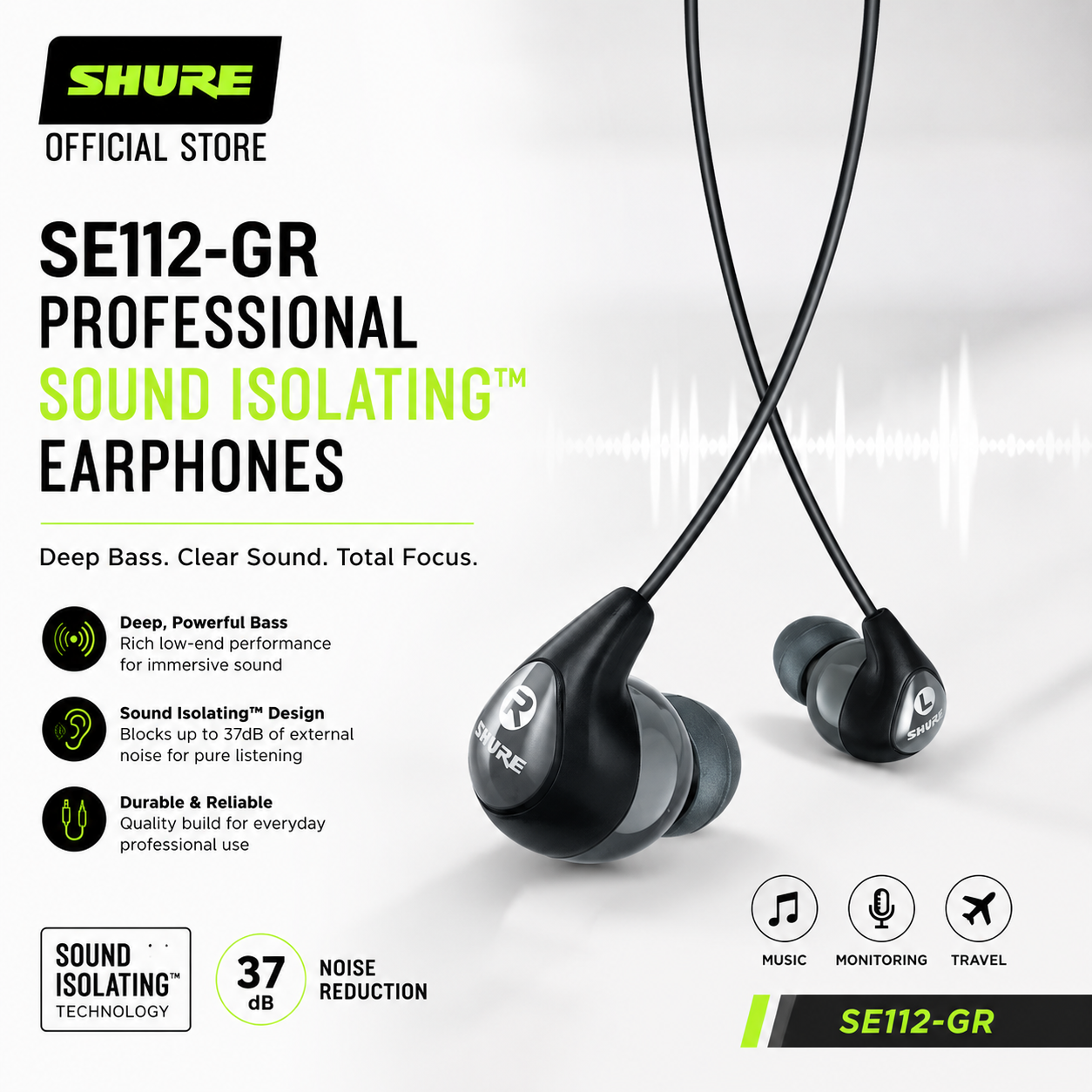 Shure SE112-GR 专业隔音入耳式耳机 – 清晰音质与深沉低音监听耳机