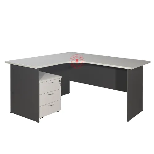 Grey L Shape Table c/w Mobile 3D | Grey Office Table with Drawer | Meja L Shape Grey | L1515 | L1815