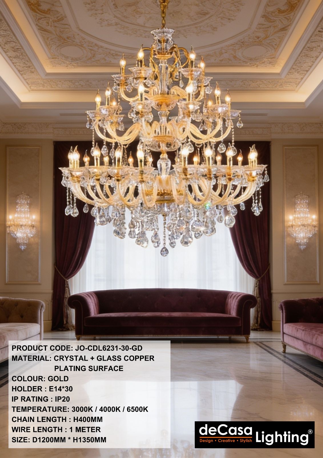 Crystal Chandelier Pendant Light(JO-CDL6231-30-GD)