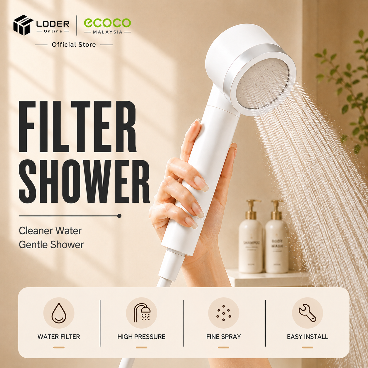 LODER ECOCO Filter Shower Head High Pressure Handheld Shower Head Water Saving Bathroom Shower Head with Filter