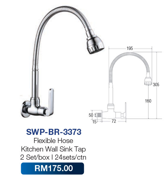 Saniware Flexible Hose Kitchen Wall Sink Tap 3373