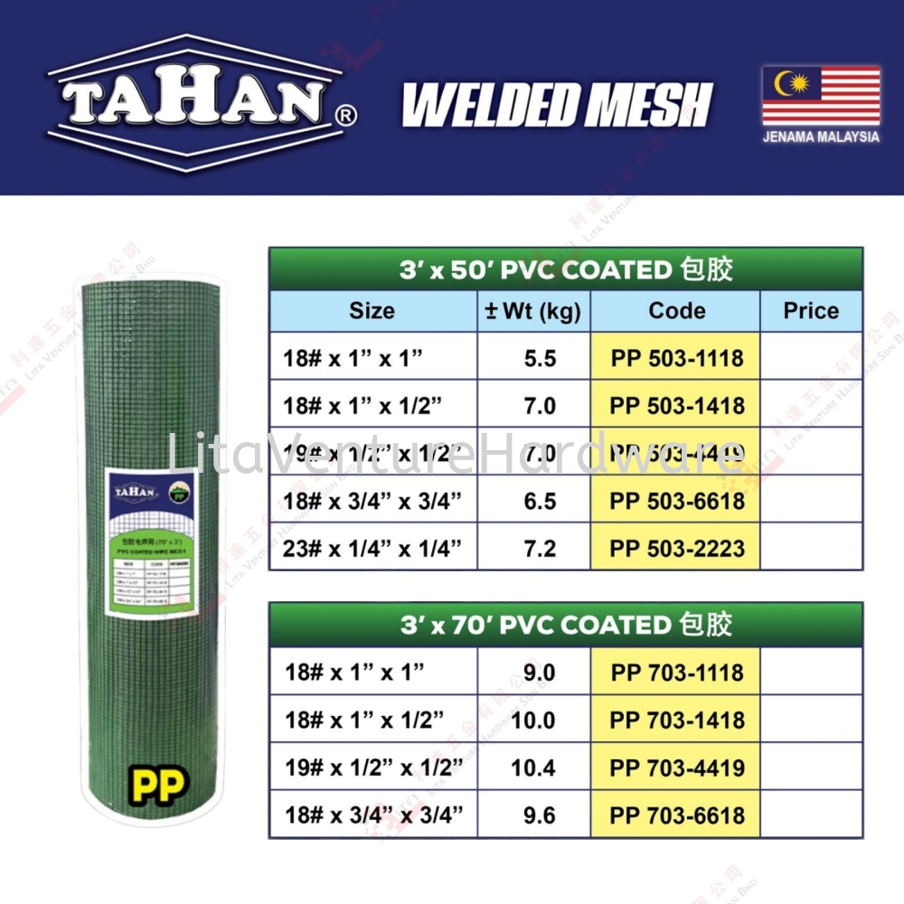 TAHAN BRAND PVC COATED - PP503118 PP5031418 PP5034419 PP5036618 PP5032223 PP7031118 PP7031418 PP7034419 PP7036618