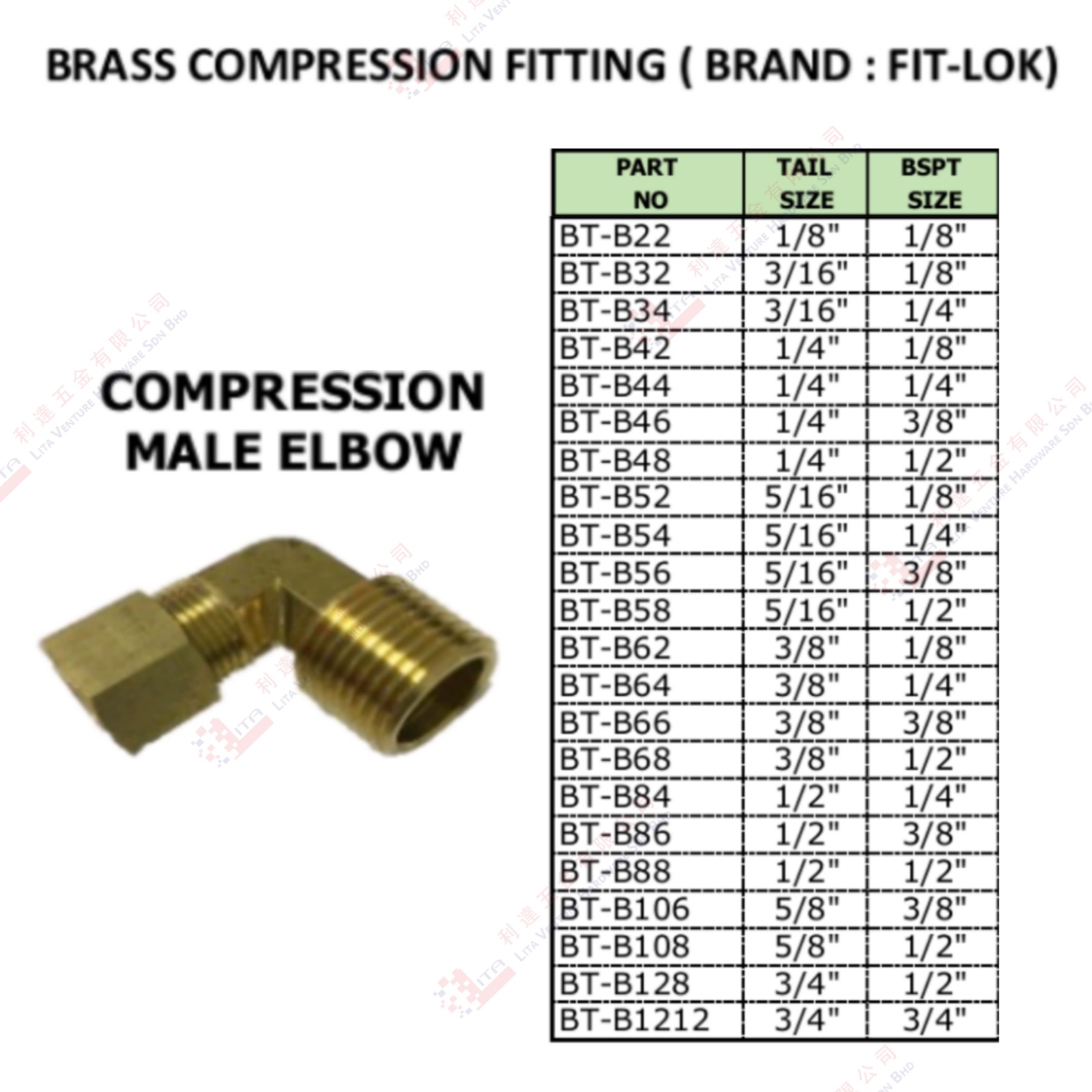 COMPRESSION MALE ELBOW - BTB22 BTB32 BTB34 ...BTB1212