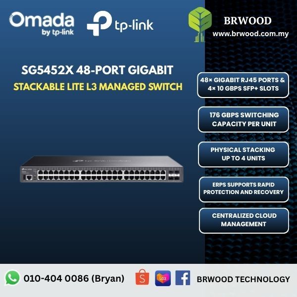 OMADA TP-LINK SG5452X: 48-Port Gigabit Stackable Lite L3 Managed Switch with 4× 10G Slots