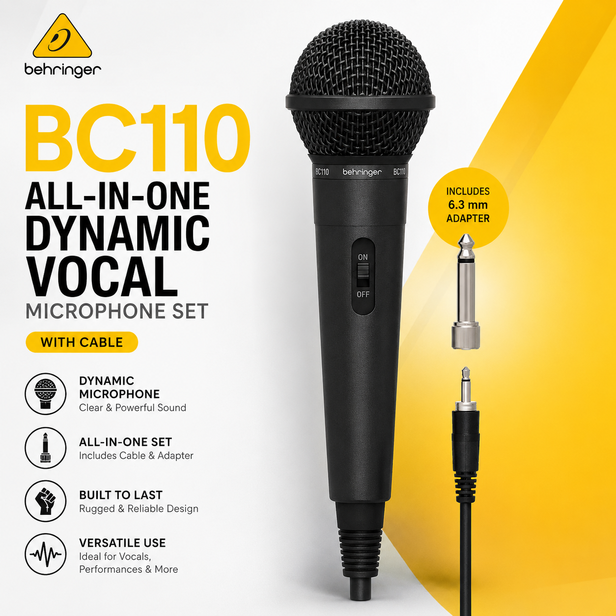 Behringer BC110 – Set Mikrofon Vokal Dinamik Lengkap dengan Kabel & Klip