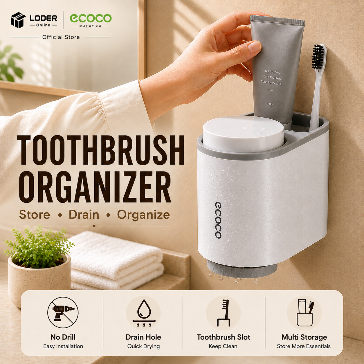 LODER ECOCO Toothbrush Holder Wall Mounted Toothbrush Organizer Toothbrush Cup No Drill Bathroom Organizer