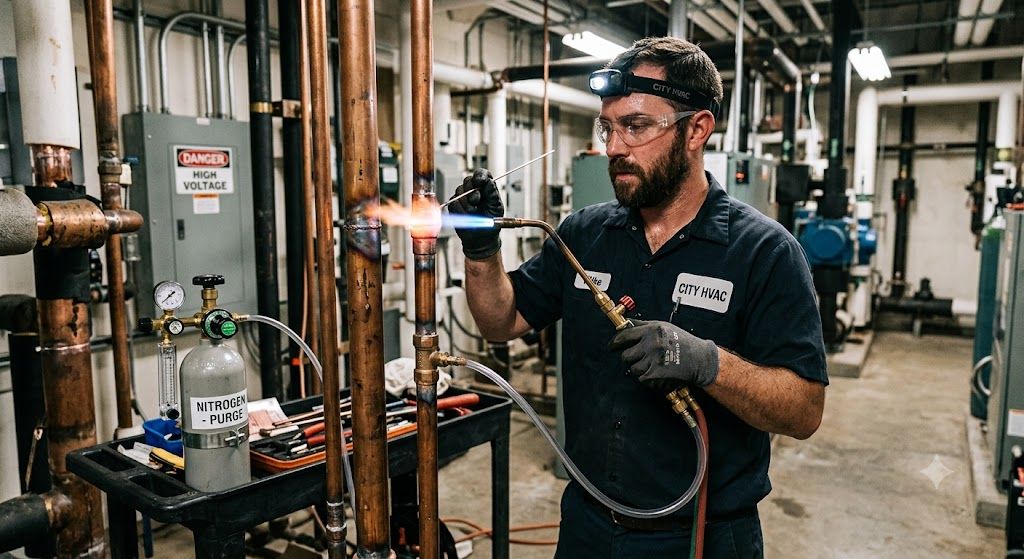 HVAC copper pipe brazing oxidation control nitrogen