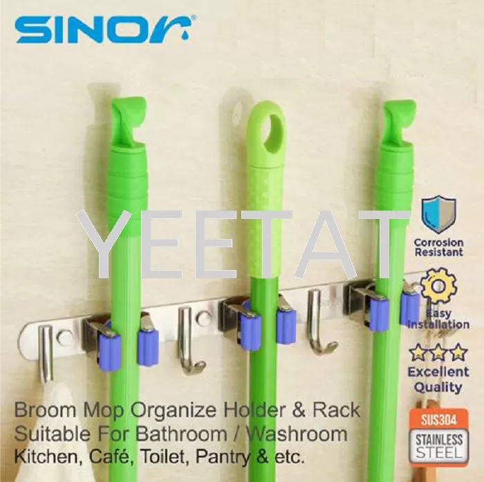 [ SINOR ] BF-9011-3 3-Slot SUS304 Stainless Steel Wall-Mounted Broom Holder And 4 Hook Organizer Rack