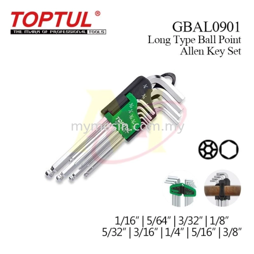 Toptul GBAL0901 Long Type Ball Point Allen Key Set 9pcs (1/16" - 3/8") [Code: 1443]