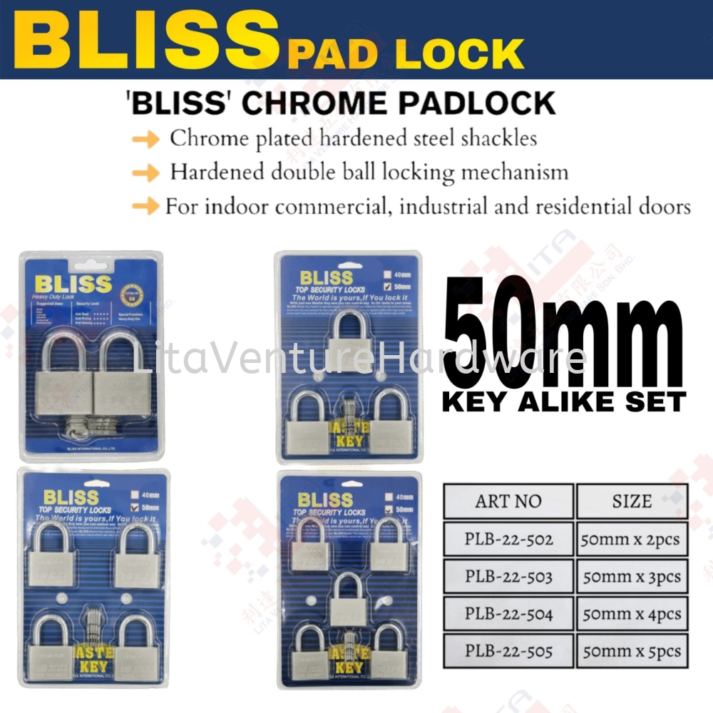 BLISS BRAND CHROME PADLOCK - PLB22502 PLB22503 PLB22504 PLB22505