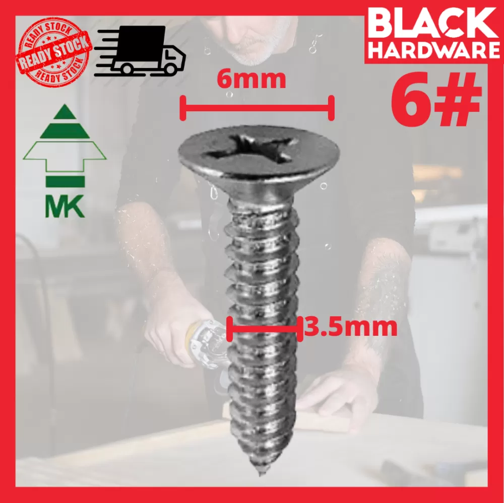 Black Hardware MK Flat Head Screw Skru Kayu Self Tapping Screw Chipboard  Wood Screw Plastic Skru Besi Drywall Screw