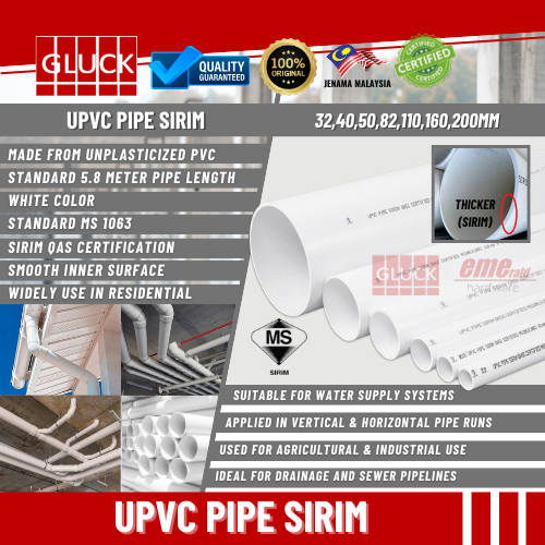 {SIRIM} UPVC PIPE 5.8M ( 1-录", 1-陆" , 2" , 3" , 4", 6" , 8", 10" )