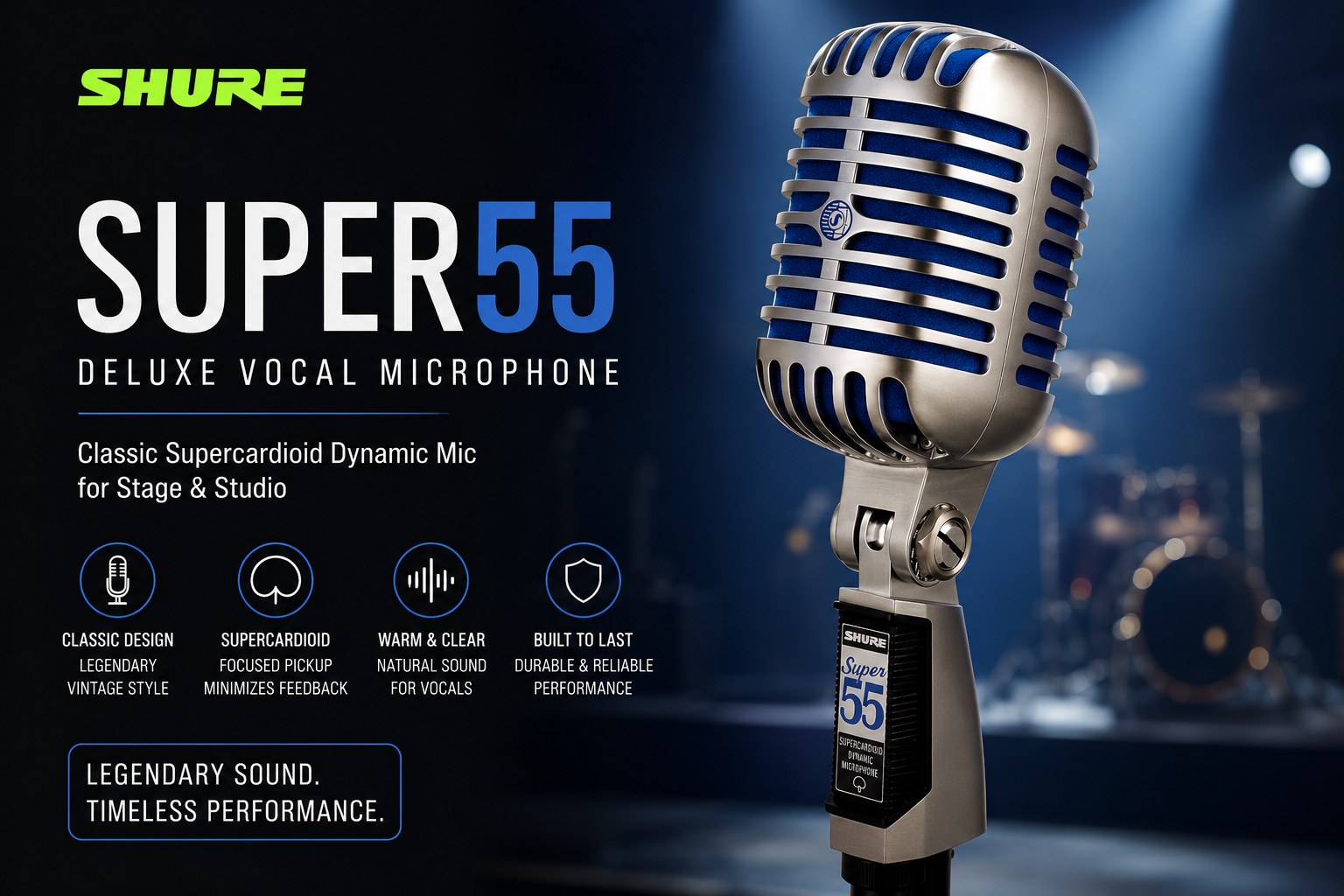 Shure Super55 Deluxe Vocal Microphone – Classic Supercardioid Dynamic Mic for Stage & Studio