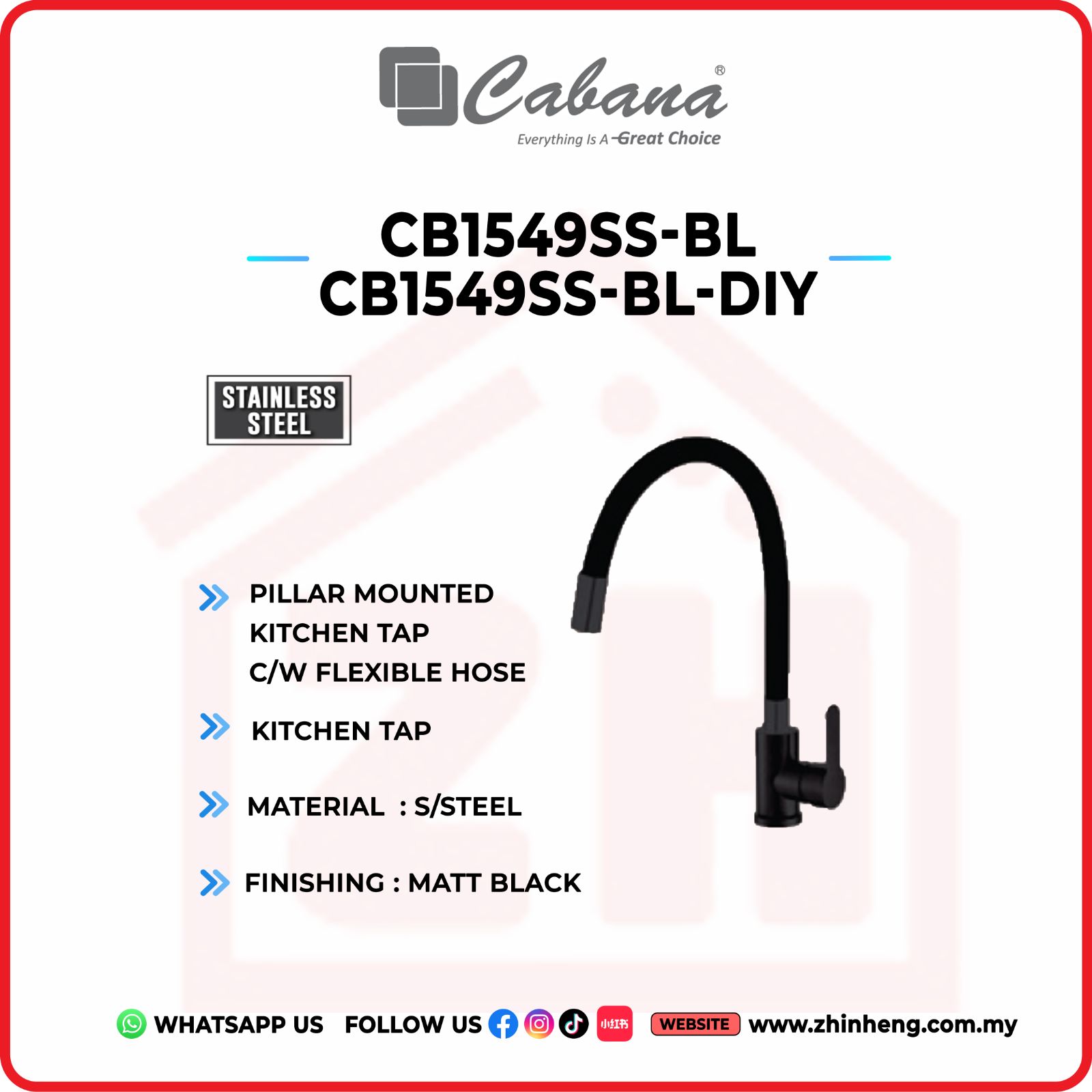 CABANA Pillar Mounted Kitchen Tap CB1549SS-BL & CB1549SS-BL-DIY