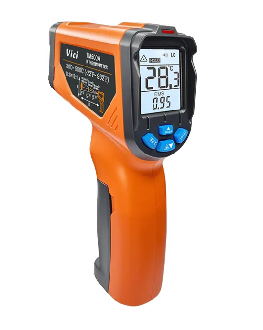 Vici TM500A Max 500℃ Infrared thermometer, 12:1 D:S, Adjustable 0.1 to 1.0 emissivity, High/Low temperature alarm function, Max/Min/Average/Difference.