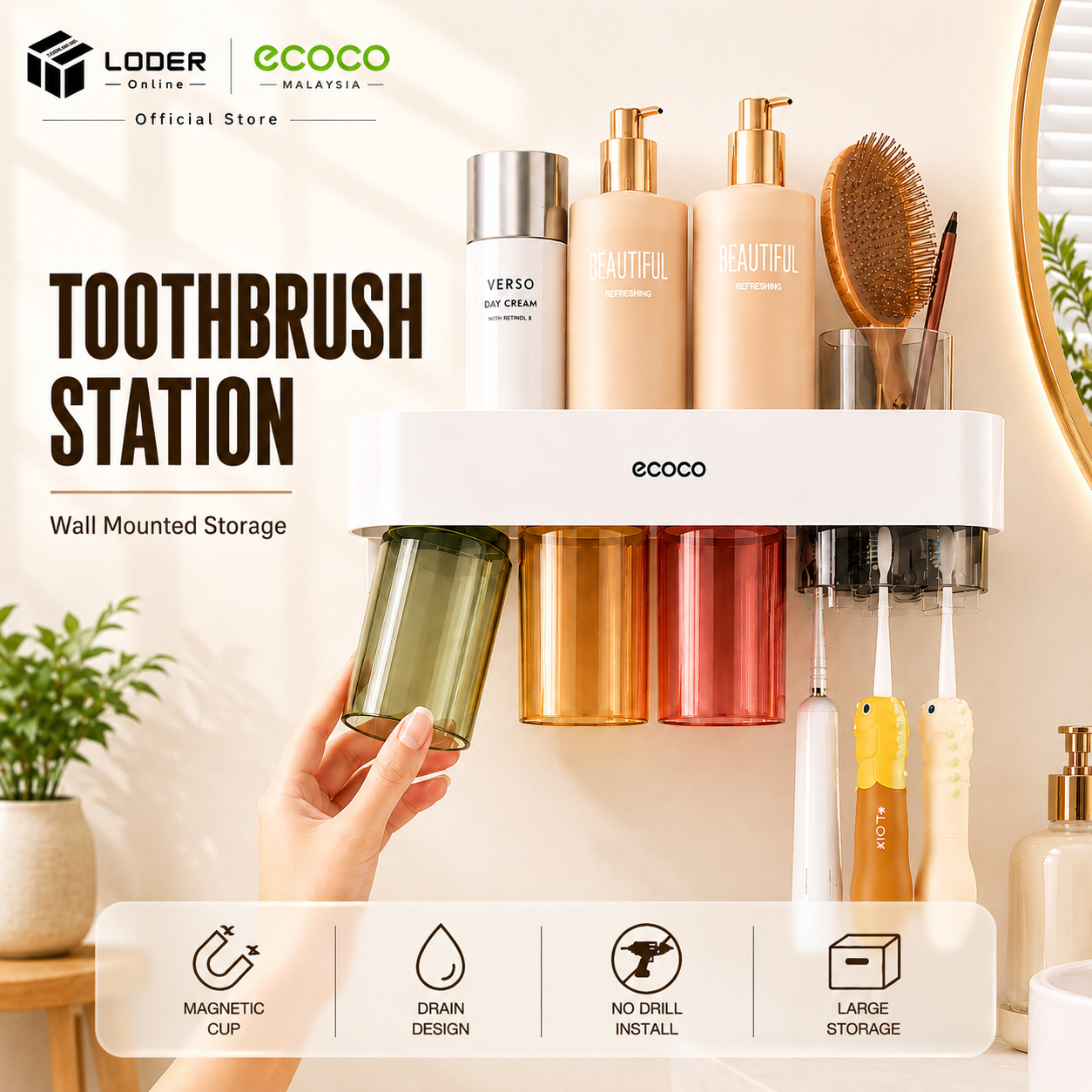 LODER ECOCO Toothbrush Holder Wall Mounted Toothbrush Station Bathroom Organizer No Drill Storage Rack