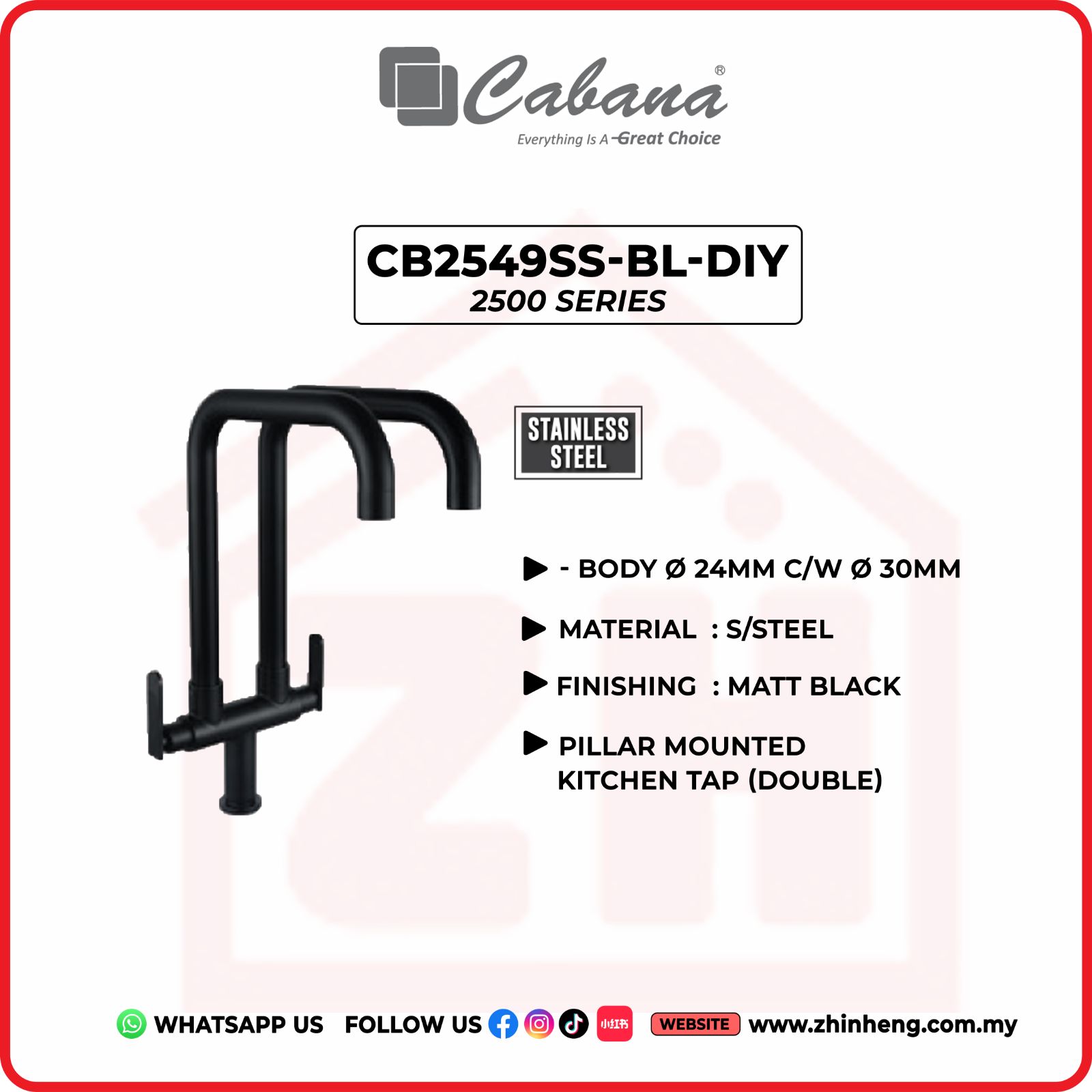 CABANA Pillar Mounted Kitchen Tap (Double) CB2549SS-BL