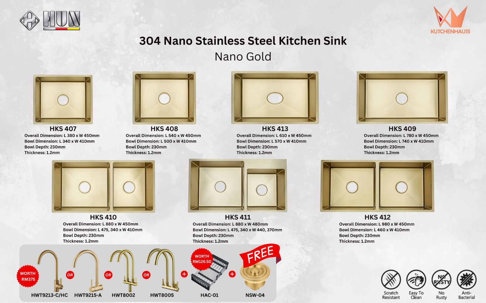 HUN - 304 Nano Stainless Steel Kitchen Sink Package (Nano Gold | HKS 407, HKS 408, HKS 413, HKS 409, HKS 410, HKS 411, HKS 412