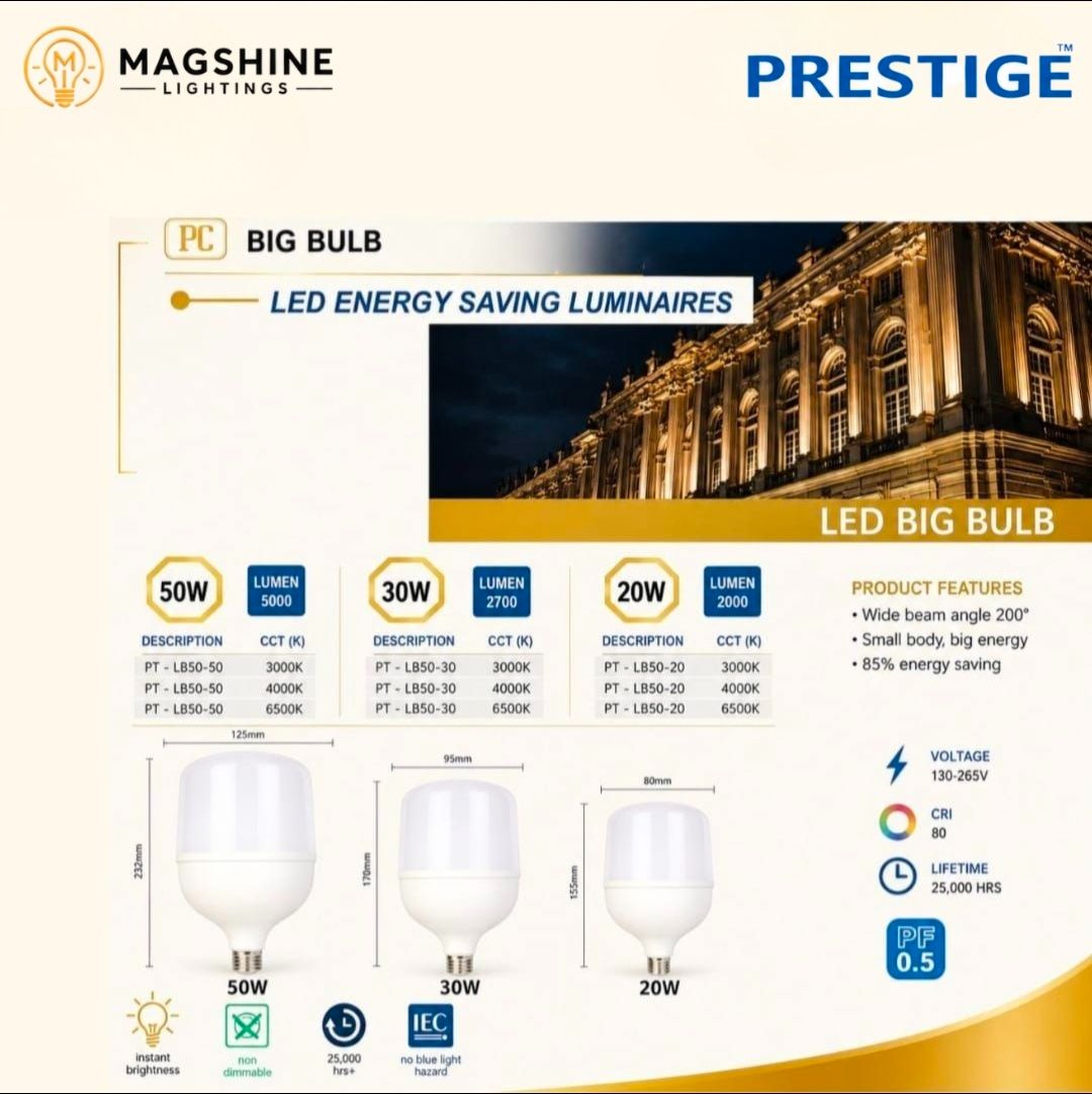 PRESTIGE LED BIG BULB 20W/30W/50W LED ENERGY SAVING LUMINAIRES