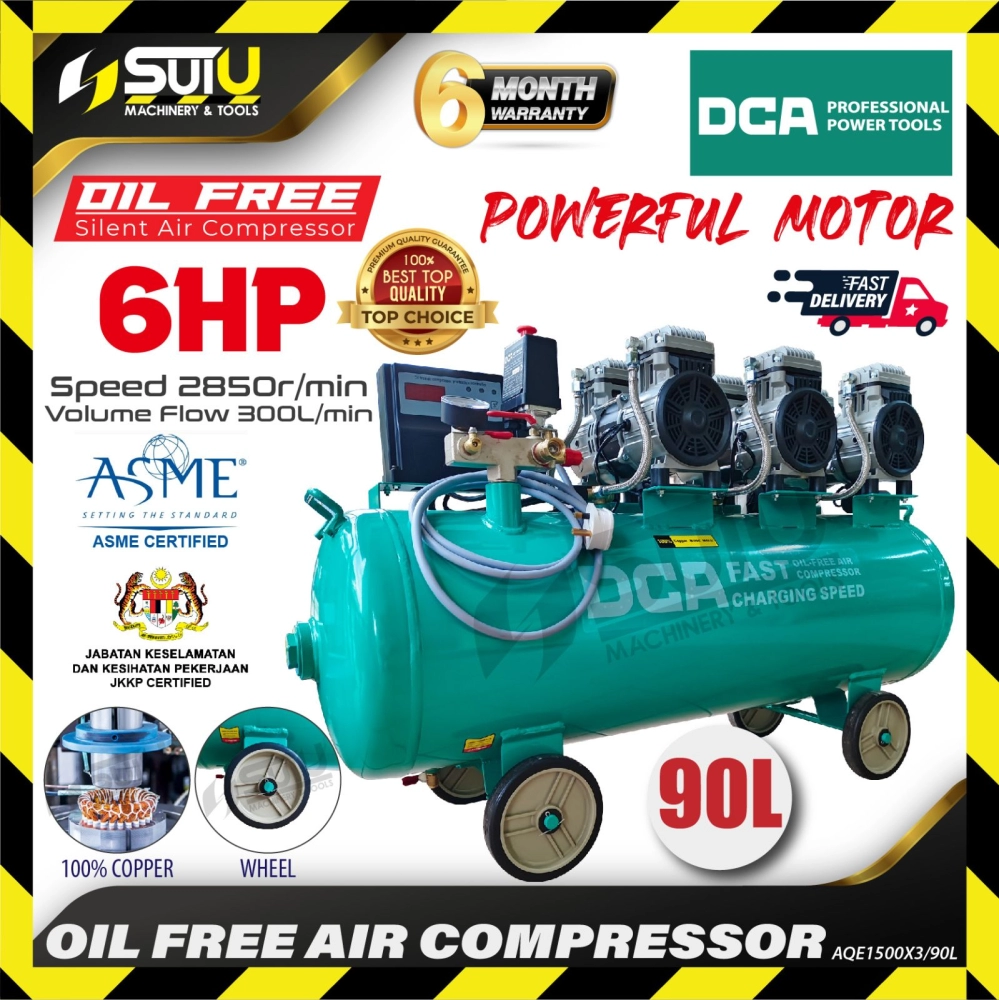 [ASME CERTIFIED] DCA AQE1500X3/90L / AQE1500X390L 90L Oilless / Oil free Air Compressor / Kompressor 4.5kW