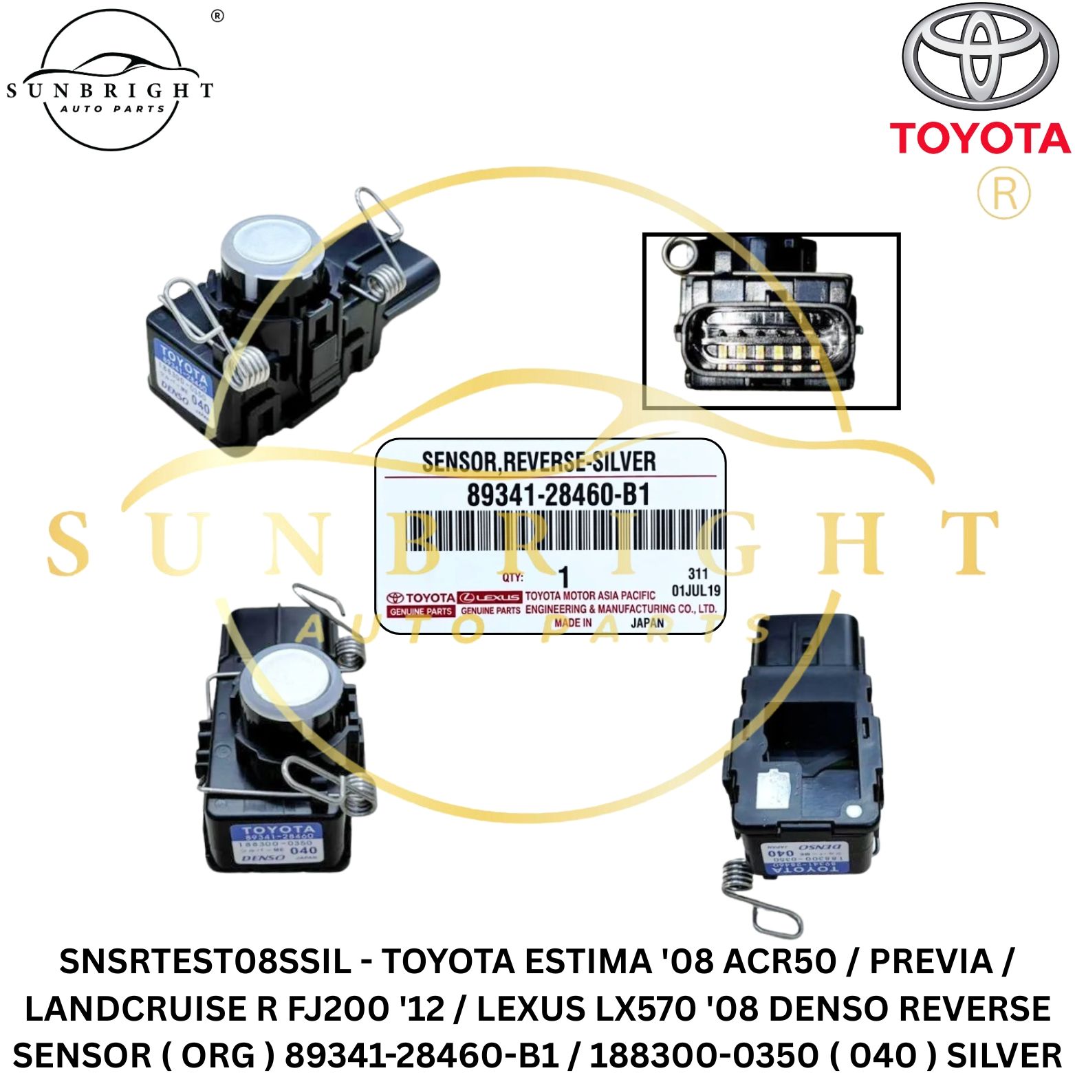 SNSRTEST08SSIL - TOYOTA ESTIMA '08 ACR50 / PREVIA / LANDCRUISE R FJ200 '12 / LEXUS LX570 '08 DENSO REVERSE SENSOR ( ORG ) 89341-28460-B1 / 188300-0350 ( 040 ) SILVER
