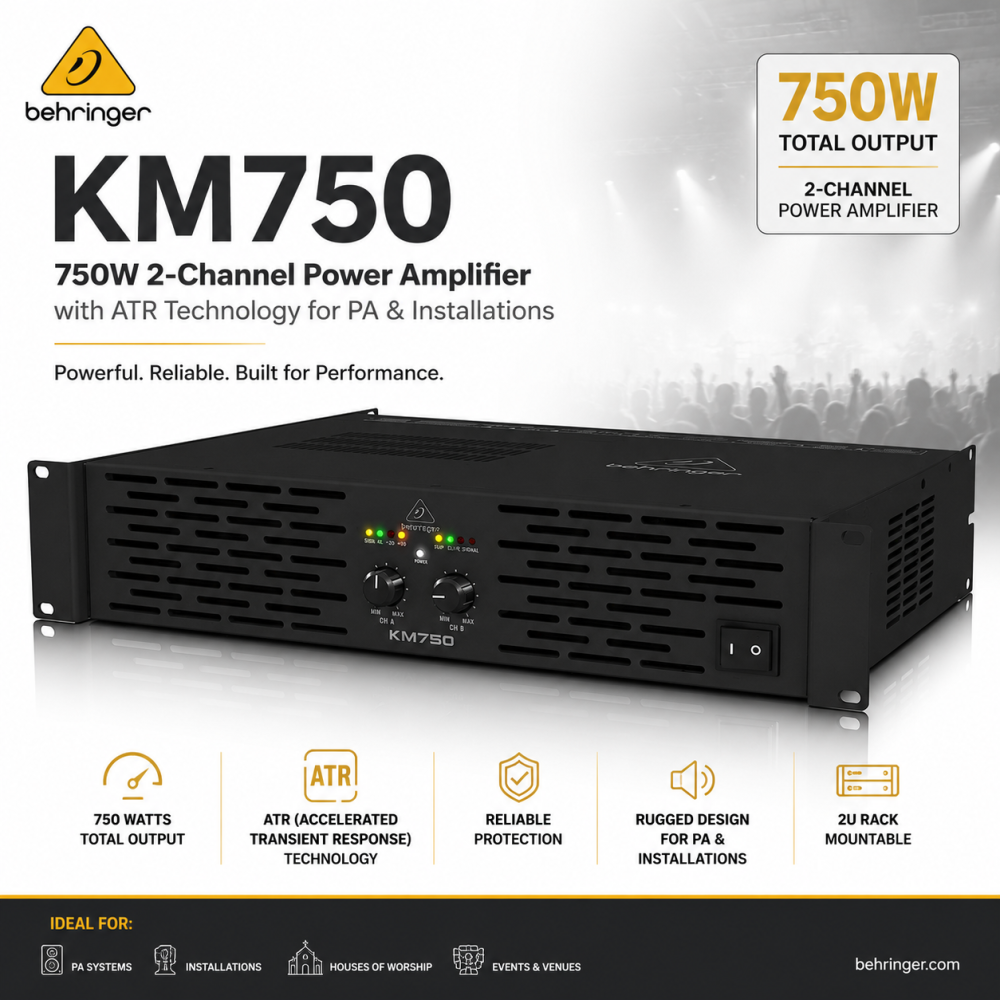 Behringer KM750 – 750W 2-Channel Power Amplifier with ATR Technology for PA & Installations