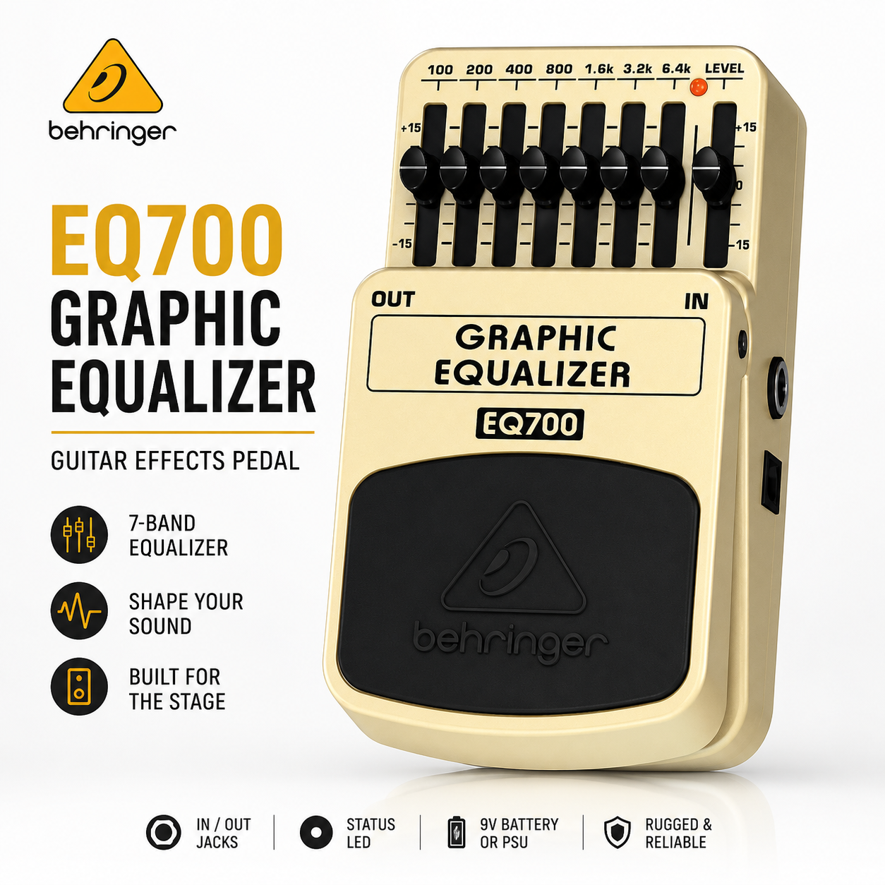 Behringer EQ700 Pedal Equalizer Grafik 7-Band untuk Gitar Elektrik | Kawalan Frekuensi, Pembentukan Nada & Peningkatan Bunyi Profesional