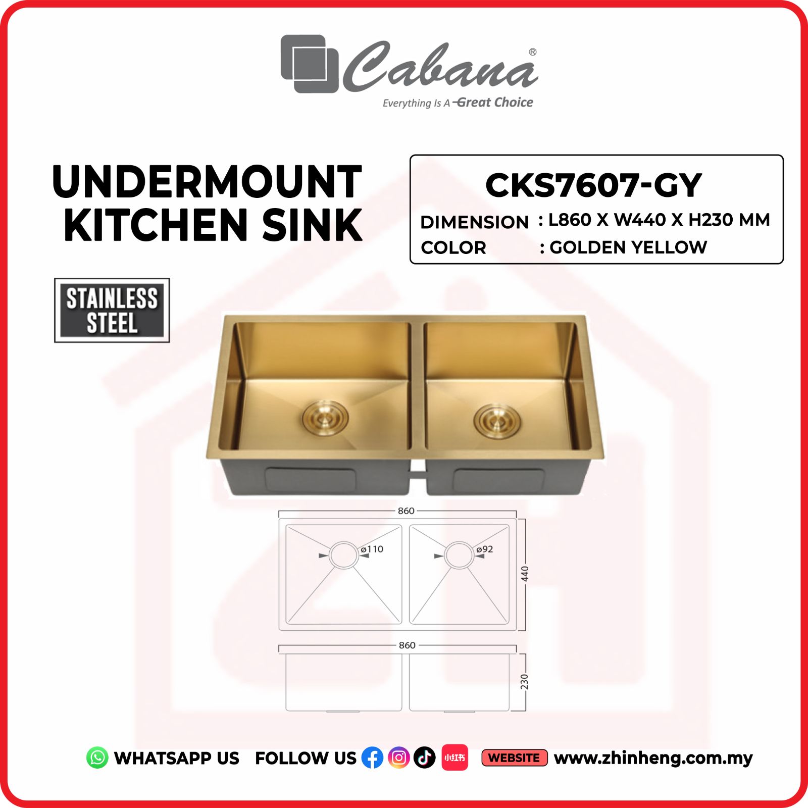 CABANA UNDERMOUNT KITCHEN SINK [DOUBLE BOWL] CKS7607-GY