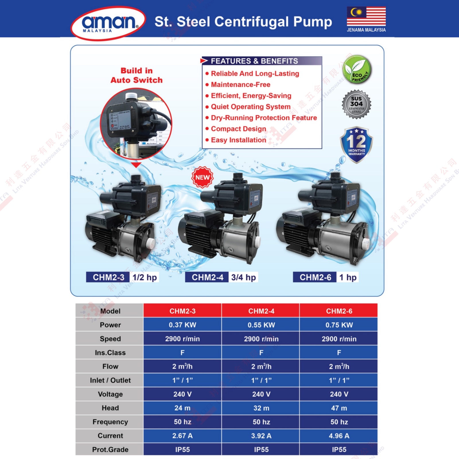AMAN BRAND STAINLESS STEEL CENTRIFUGAL PUMP - CHM23 CHM24 CHM26