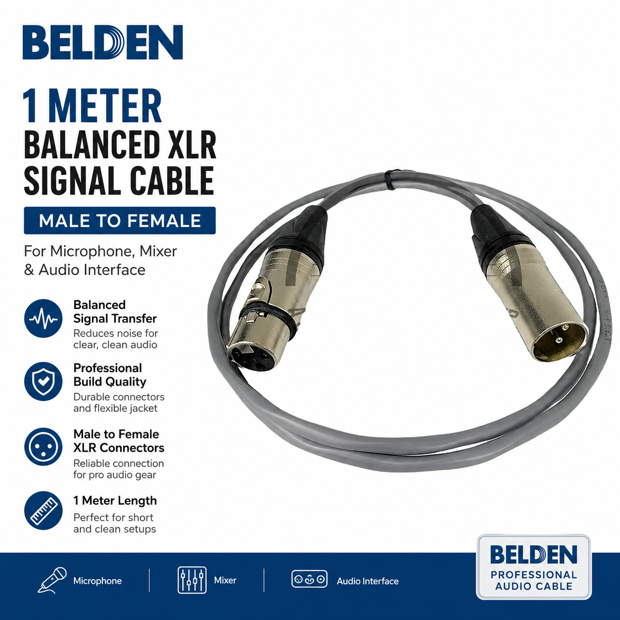 Belden 1 Meter Balanced XLR Signal Cable – Male to Female for Microphone, Mixer & Audio Interface