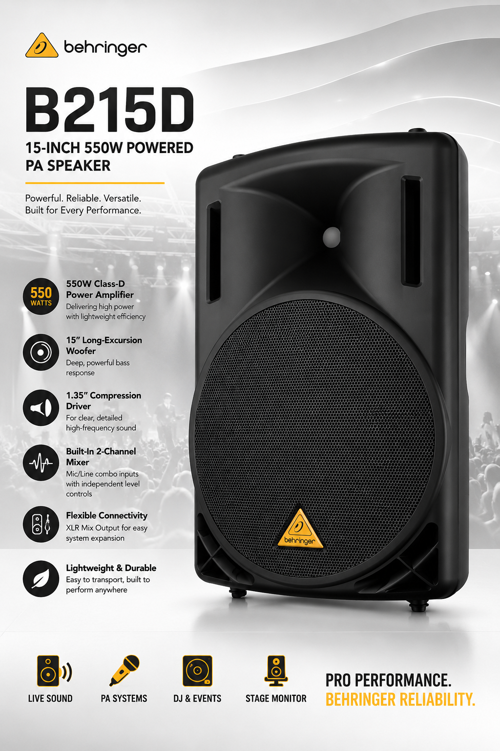 Behringer B215D – 15英寸550W有源PA音箱 内置Class-D功放